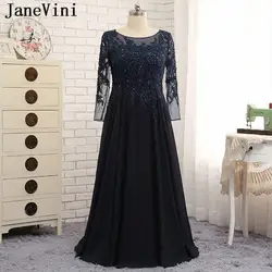 JaneVini Vestidos Темно-синие плюс Размеры Мать невесты платья 2018 линия с длинным рукавом Кружева аппликации бисер шифон Вечерние платья