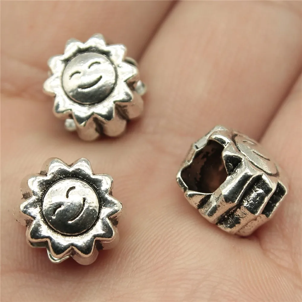 

WYSIWYG 8pcs 12x12x9mm Double Sided Sunflower Beads Antique Silver Smile Sunflower European Big Hole Beads Charm Sunflower Beads