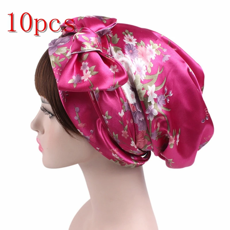 10pcs rose flower 1/2/5/10 шт Мягкий шелк Для женщин ночного сна душ Кепки Регулируемый ухода за длинными волосами капота тюрбан шляпа мягкой сатиновой ткани шлема аксессуары 58 см - Цвет: 10pcs rose flower