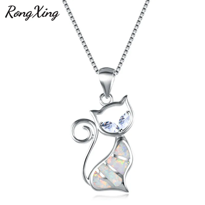 

RongXing Cute Cat White/Blue Zircon Eye White Fire Opal Pendants Necklaces for Women 925 Sterling Silver Filled Jewelry Necklace