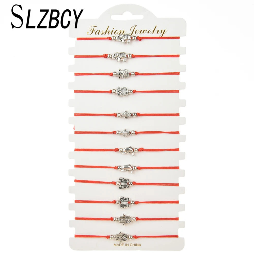 

12 pcs/lot Small Elephant Owl Butterfly Charm Bracelets Set For Women Child Fatima Hand Red String Adjustable Bracelet Jewelry