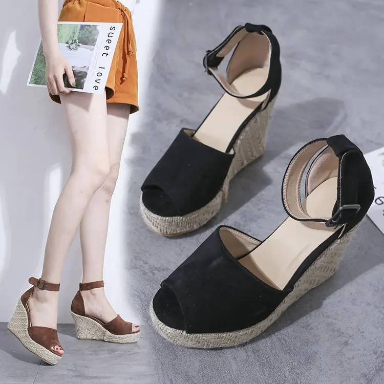 

Plus Size Bohemian Women Sandals Ankle Strap Straw Platform Wedges For Female Shoes Flock High Heels Cover Heel Sandal