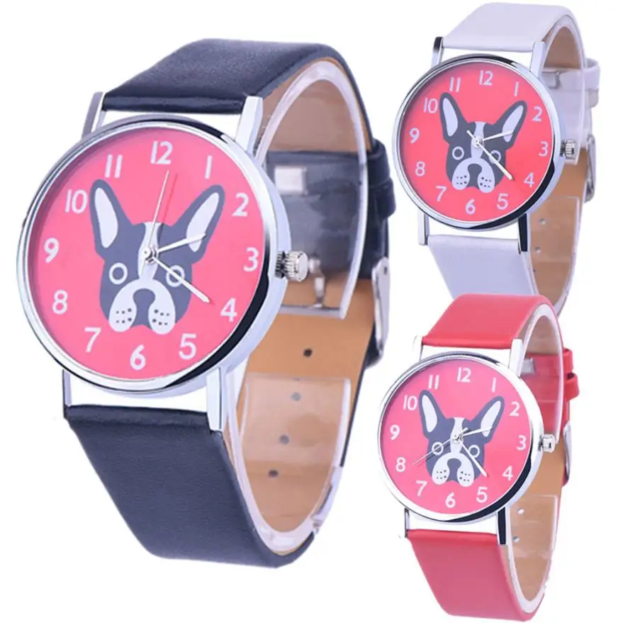 Женская Мода милая собака часы дамы кожаный ремешок Аналоговый сплав кварцевые студенческие наручные часы для девочек montre femme# D