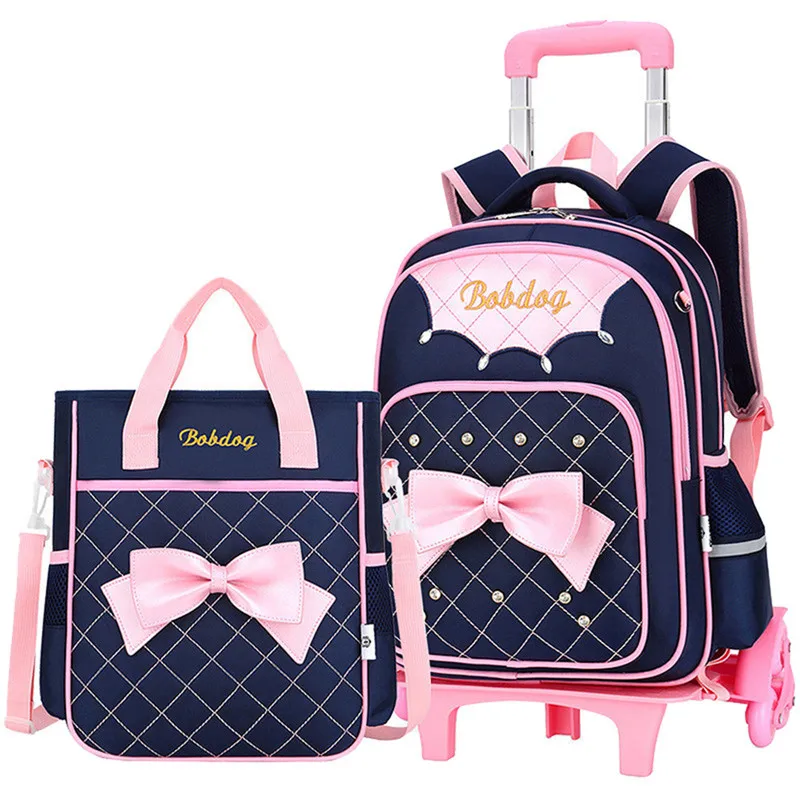 Детские школьные сумки для девочек, школьный ранец на колесиках, сумки для багажа, съемный рюкзак с колесиками, 2 шт./компл - Цвет: deep blue set
