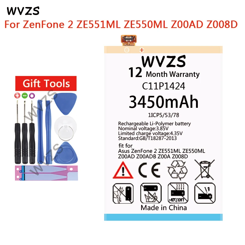 Wvzs 3450 мАч литий-полимерный аккумулятор C11P1424 для ASUS Zenfone 2 ZE551ML ZE550ML 5 дюймов Z00AD Z00ADB