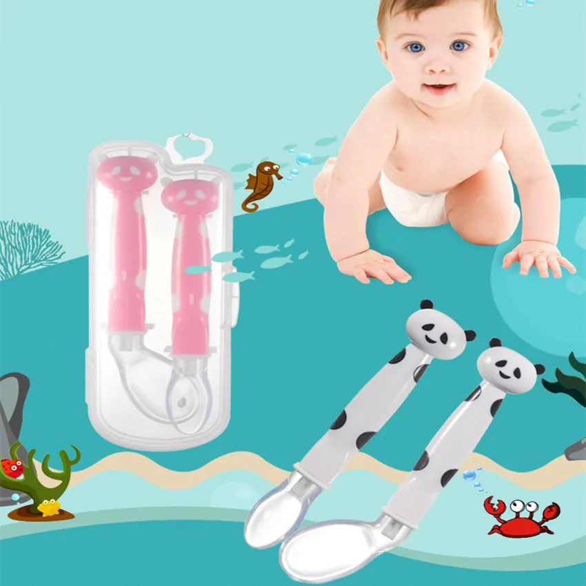 

Baby Safety Silicon Spoon Kids Children Feeding Spoons Tableware Infant Soft Bent Learning Spoon Baby Flatware 2Pcs/set With Box