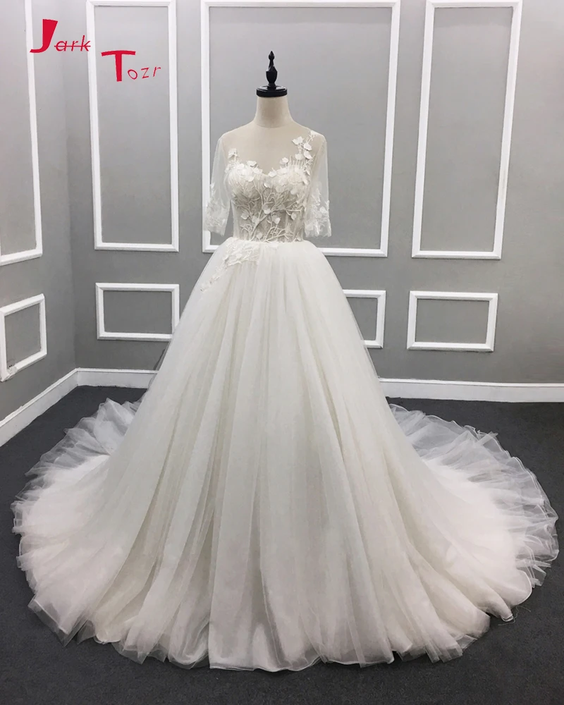 

Jark Tozr Custom Made Three Quarter Sleeve Sexy Backless Beading Lace Flowers Tulle Bridal Wedding Dresses 2019 Robe Mariage