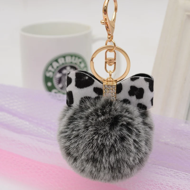 

New Leopard Bowknot Keychain Fur Pom Pom Key Chain Faux Rabbit Hair Bulb Bag Car Ornaments Fur Ball Pendant Best Gifts EH693