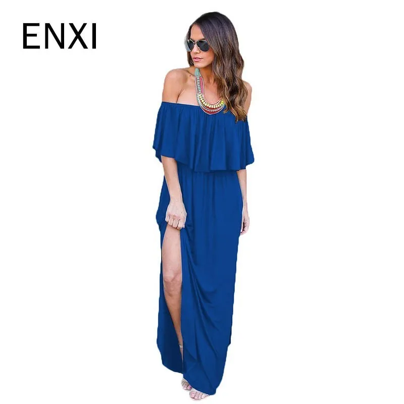 

ENXI 2019 New Summer Maternity Dresses Lotus Leaf Edge Horizontal Neck Long Fund Pocket Dress