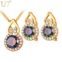 U7 grande europeo cz crystal set de joyas de oro plateado alrededor Cubic Zirconia Pendientes y Collar de la Mujer Del Partido Del Traje de Regalo S798