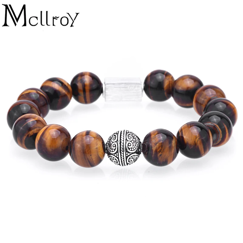 Mcllroy Beaded Bracelets Bracelet men Thai silver 12MM Tiger eye Lava beads Couple charms bracelet Pulseira masculina 2019