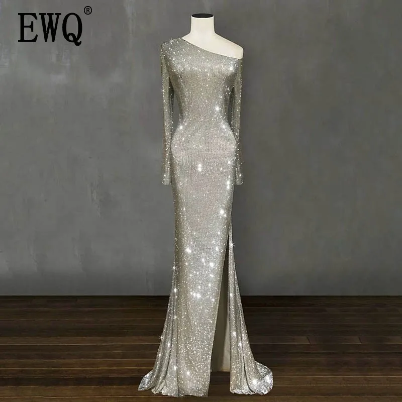 

[EWQ] 2019 Spring Summer New Asymmetrical Collar Long Sleeve Sequin Patchwork Bohemian Dresses Fashoin Tide AE98312XL