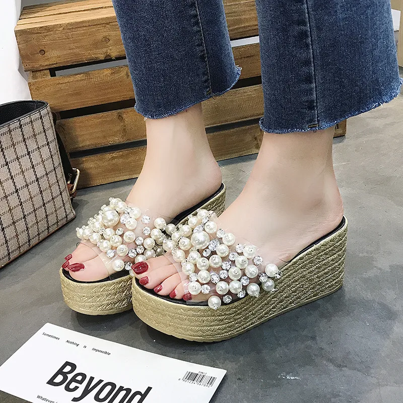 

Phyanic 2018 New Summer Bead Women Slippers With Pearls Wedge Platform High Heels Shoes Woman Fashion Crystal Beach Sandals Sale