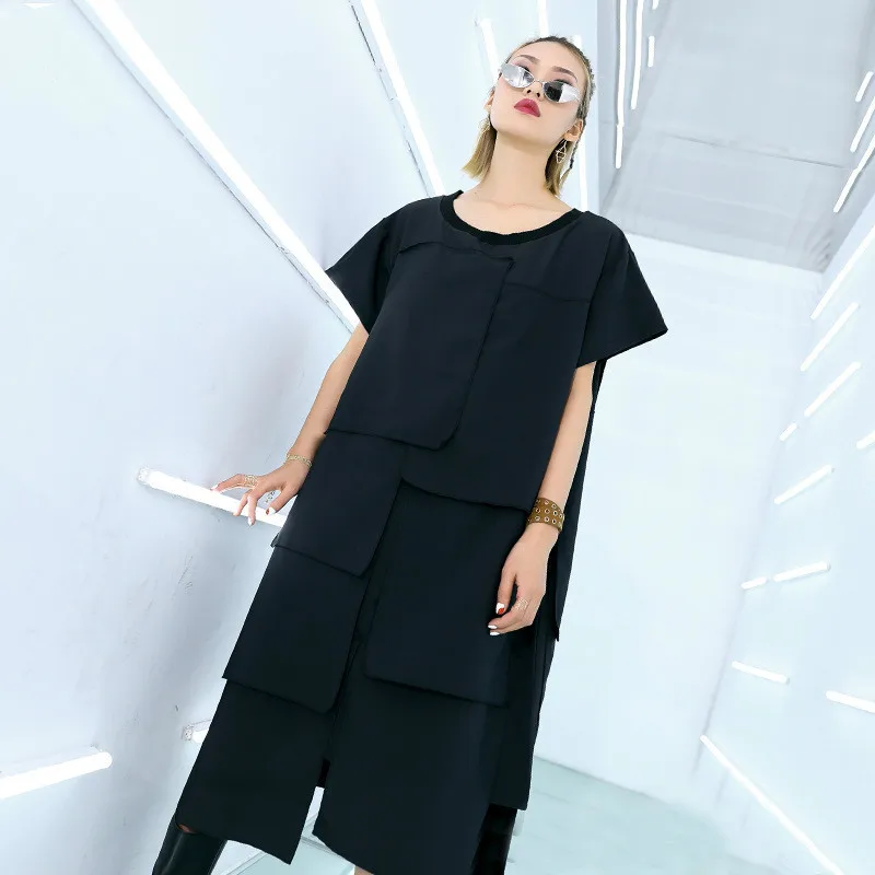 

New Women's Summer Dresses Loose Large Size Dress Short Sleeve Solid Black Round Neck Spliced Vestidos Sexy Ladies Korean Dress