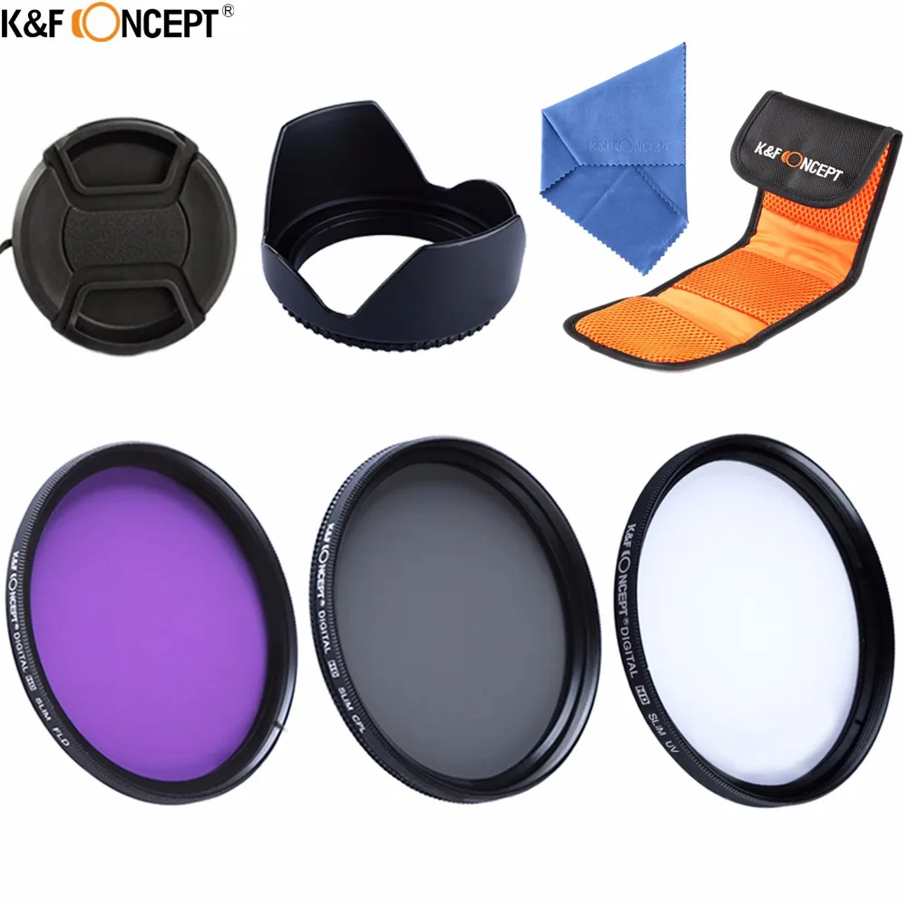 

K&F CONCEPT UV CPL FLD Filter Kit 52/55/58/62/67/72/77mm+Lens Hood+Cap+Filter Bag+Cloth For Canon Sony Nikon All DSLR Camera