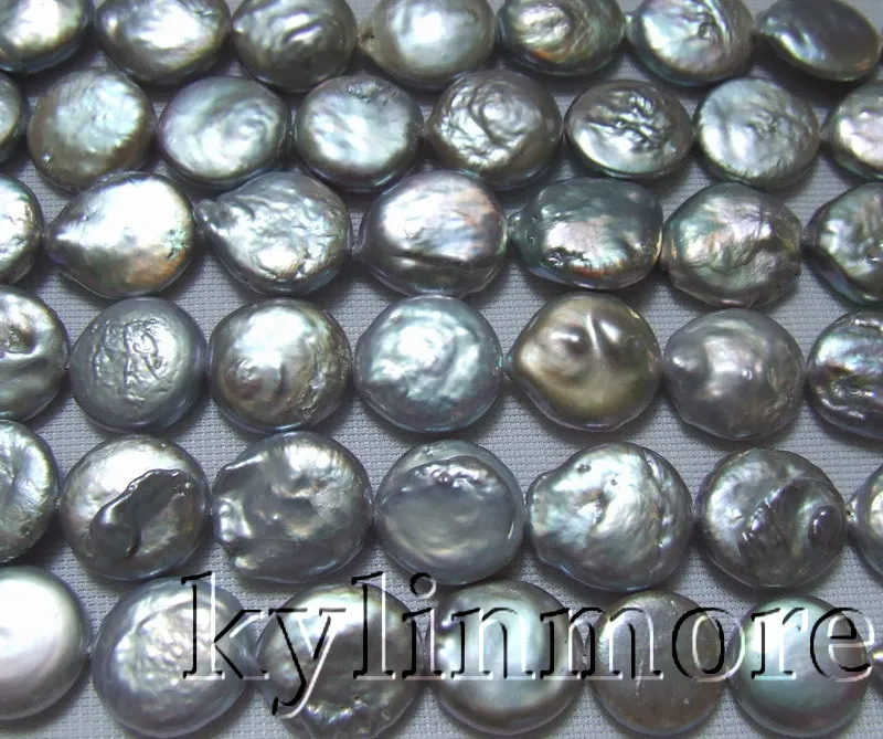 

13-15MM White black gray Coin Freshwater Pearls 15.5