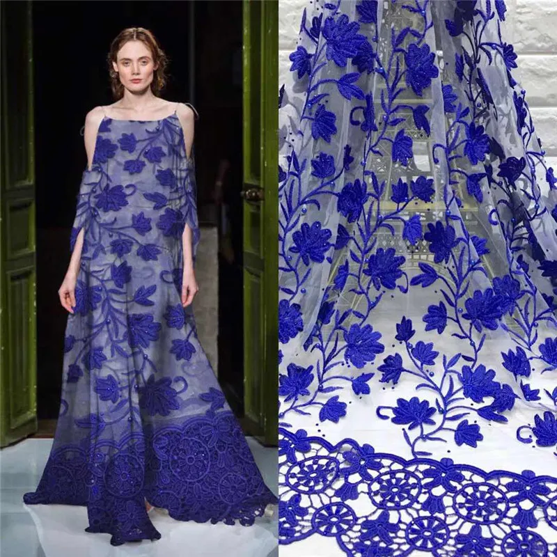 

Royal Blue 3D Flowers Luxury Wedding Lace Beaded Embroidered French Fabric Latest French Nigerian Laces Fabrics High Quality