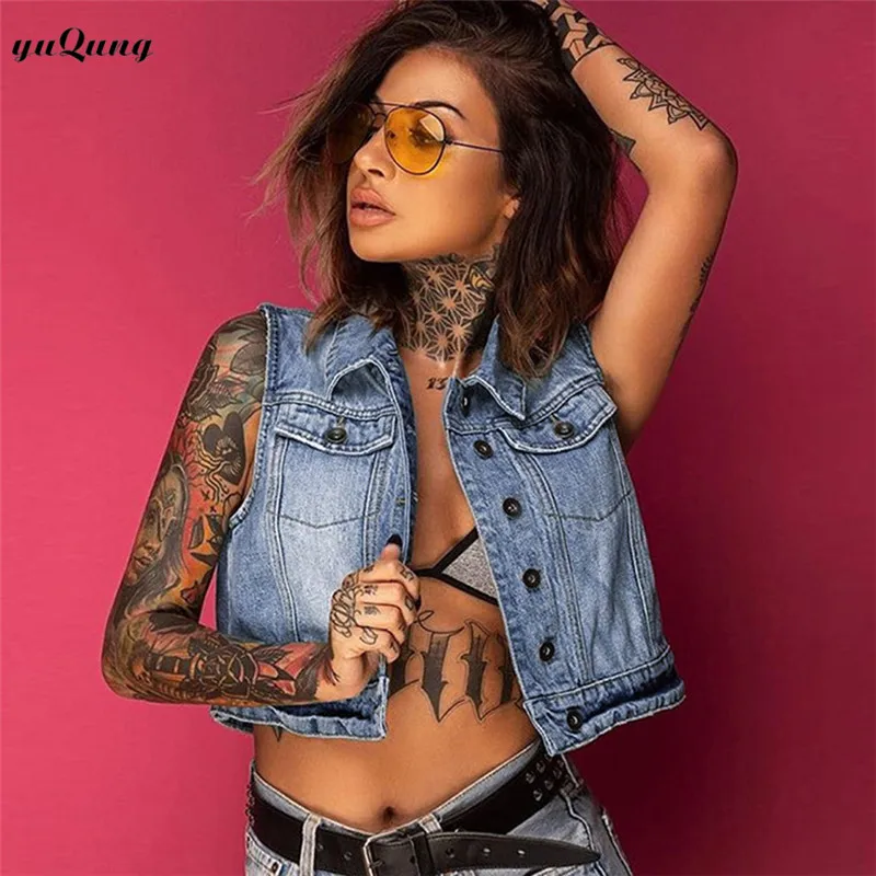

yuqung Sleeveless Women Denim Vests 2019 Casual Tops Female Waistcoats Denim Jeans Short Jackets Female vintage cardigan blue
