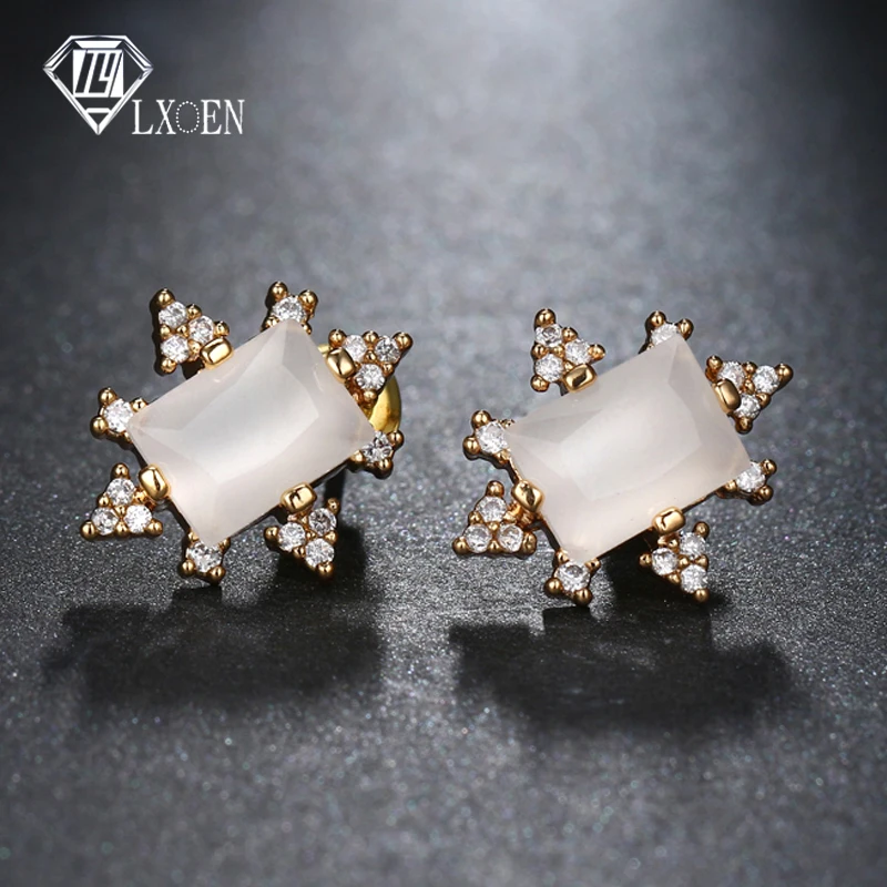 

LXOEN Ethnic Red Zircon Stone Stud Earrings for Girl Punk Yellow Gold Color Square Studs Ear Women Indian Jewelry brinco