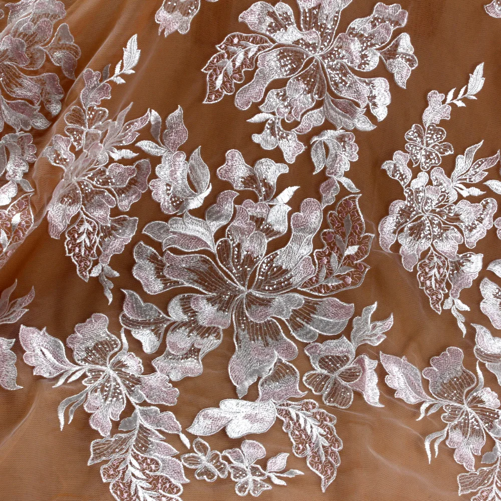 Высокое качество белый смешанный розовый с блестками вышивка на сетке кружевная ткань свадебное/вечернее платье кружевная ткань 130 см по двору