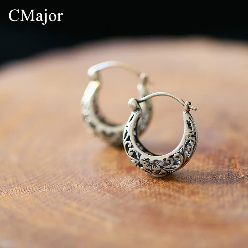 

CMAJOR retro 100% real pure 925 sterling silver female fashion jewelry hollow flower classic earrings for women