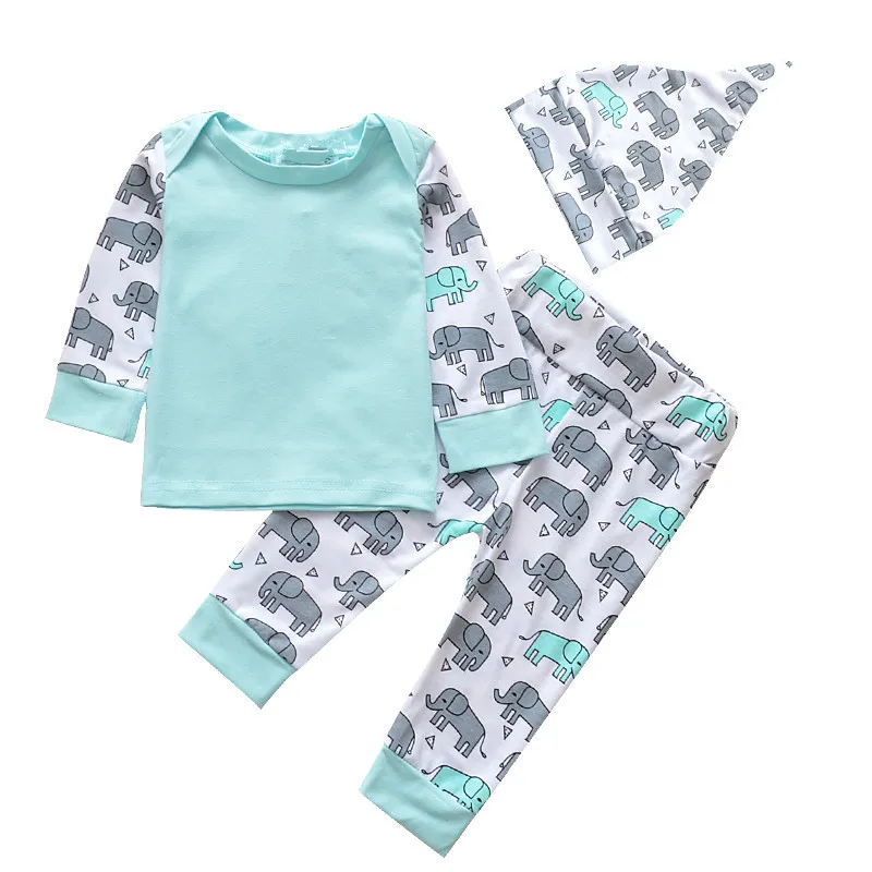 

2018 Newborn Spring Clothes Set 3pcs Cute Hat Pants Long Sleeve Elephant Pattern Infant Clothing Baby Boy Tracksuit Clothes