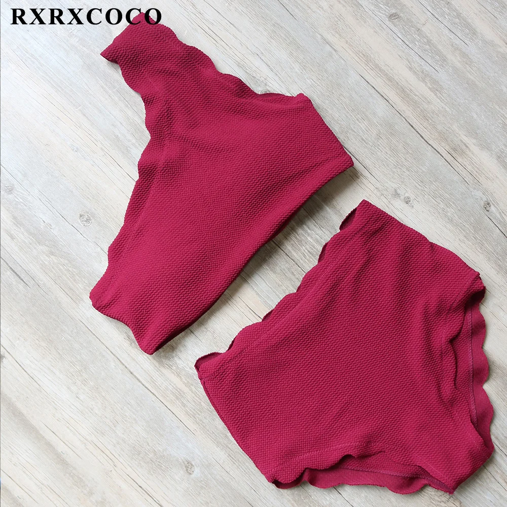 

RXRXCOCO High Waist Swimsuit Women Sexy One Shoulder Bikini 2018 Solid Bikini Set Female Padded Swimwear Wave Edge Bathing Suit