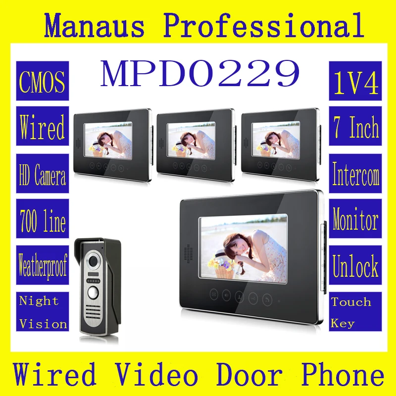 High Quality 7 inch Screen Keypad Display Video Intercom System D229b,New Wired Magnetic Lock One to Four Video Doorphone Device