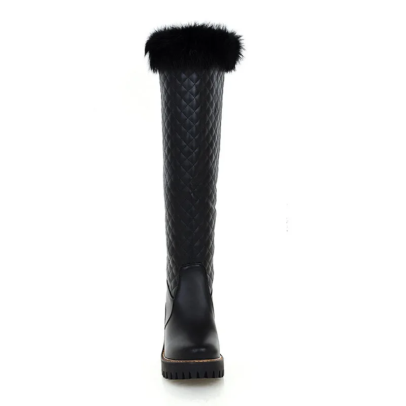 Schwarz Absätzen Kniehohe Slip Hohen Frauen Mode Weiß Chainingyee Reiten Black Stil Kappe Süße Mit Plattform white Runde Kaninchen Stiefel Haar IPZPwzq