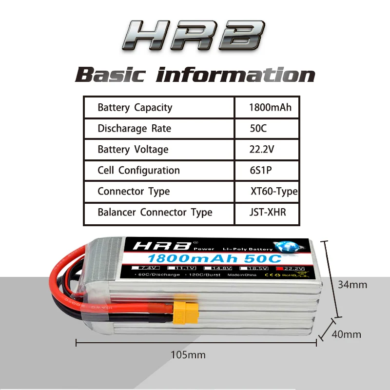 2 шт. hrb RC Lipo 6 S bettery 22,2 в 1800 мАч 50C Max 100C Drone Акку для ALZRC дьявол 380 480 Вертолет Лодка Самолет автомобиль БПЛА 85