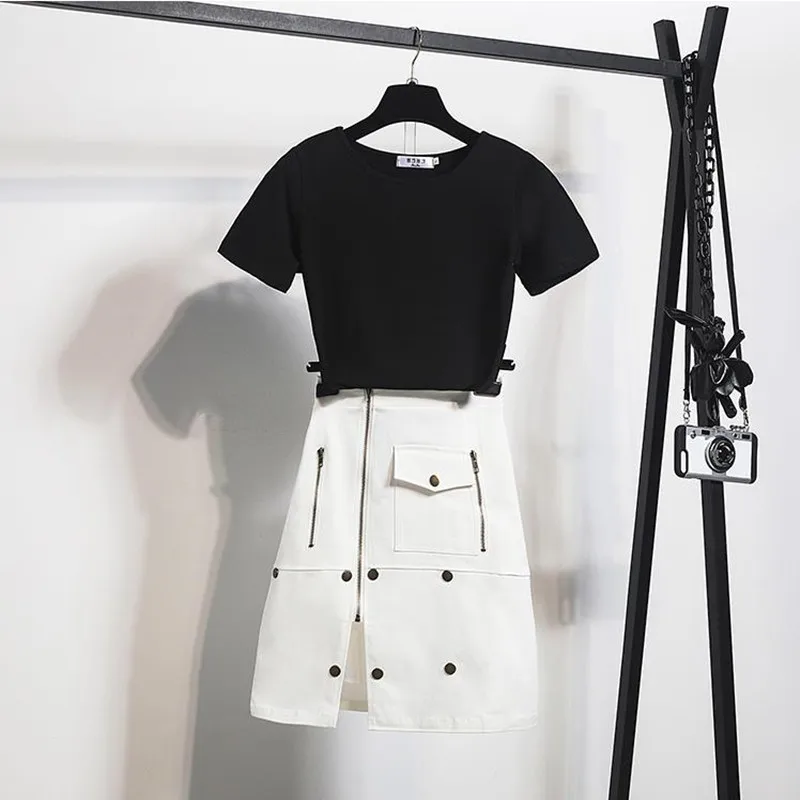 

Summer High Street Two Piece Set Fashion Trend Korean Solid Black Tshirt Tee+Zip Pocket Rivet White Denim Skirt Mini Skirts Suit
