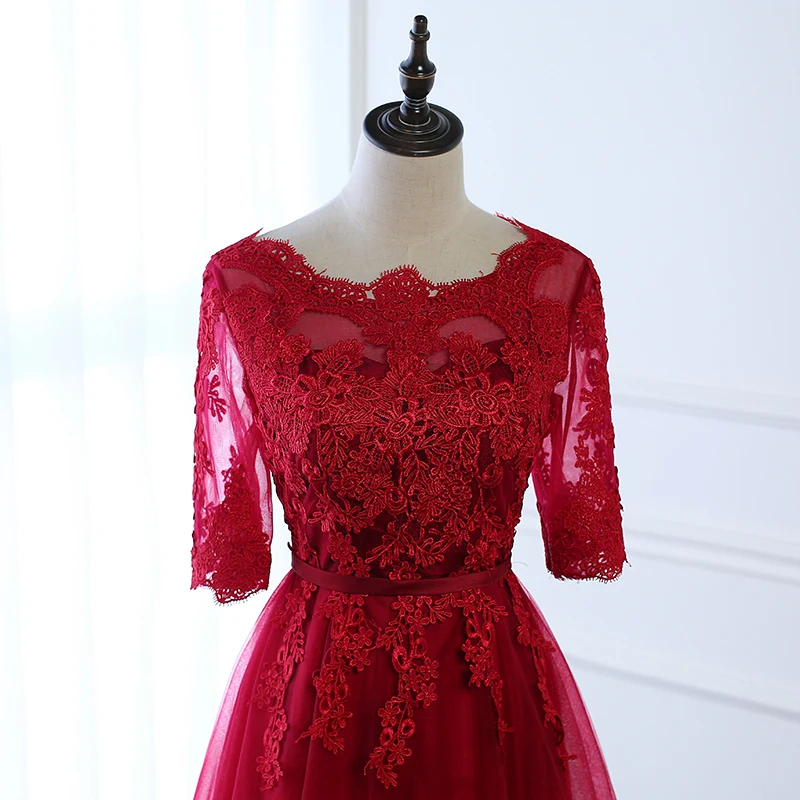 Длинное бордовое вечернее платье Элегантное кружевное с аппликацией прозрачное официальное с короткими рукавами платье для выпускного вечера Robe De Soiree
