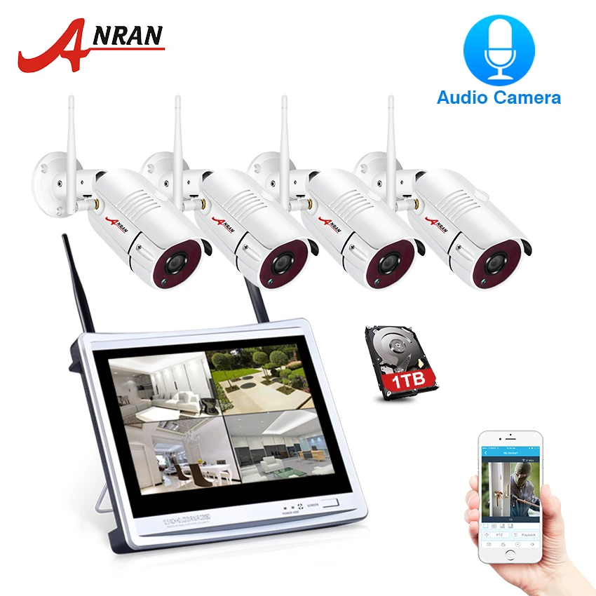 ANRAN P2P 4CH 12''LCD монитор NVR 2,0 MP 36IR Водонепроницаемая наружная пуля 1080P видео аудио IP Беспроводная камера система безопасности HDD