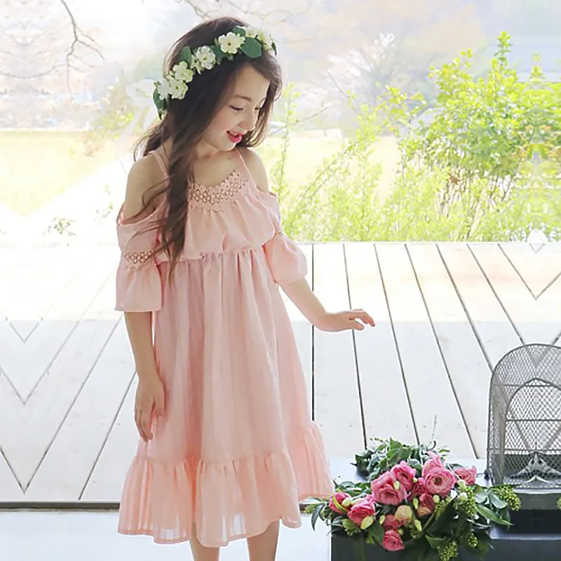 

2019 Summer Kids Dresses for Big Girls 4 6 8 10 to 12 14 Year Off Shoulder New White Lace Beach Dress Girls Casual Costume 57C2A
