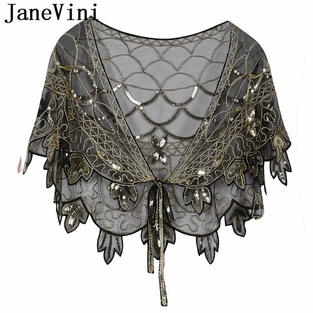 

JaneVini Shiny Black Gold Handmade Sequins Bridal Shawl Wrap Wedding Shrug Cape Stoles Women Party Accessories Bolero De Mariage