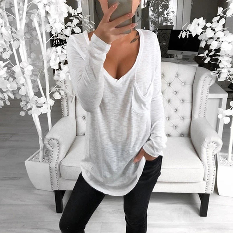 

Long Sleeve Tshirt Women Summer Autumn Thin Loose Casual V-Neck T-Shirt Female White Pink Black Basic Classic Tops Mujer 3XL