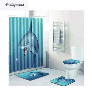 

Free Shipping 4Pcs Shark Scare Fish Banyo Paspas Bathroom Bath Mats Set Green Tapete Banheiro Washable Toilet Rugs Alfombra Bano