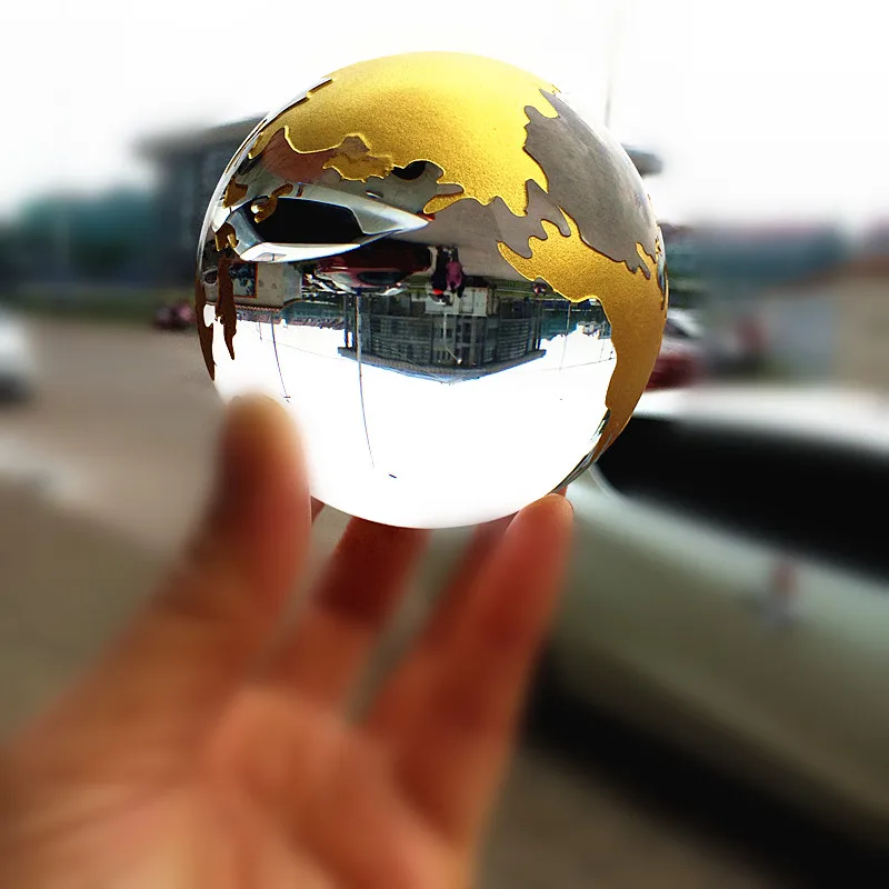  80mm Crystal Glass Marbles earth globe Silver Gold world map Feng shui Quartz Sphere terrarium Desk