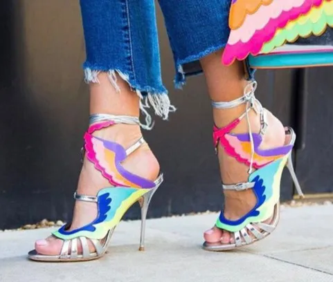 

2019 New Spring Summer Shoes Woman Tide Sandals High Heels Cross Tied Designer Wings Sandals Woman Slides Leather Woman Shoes