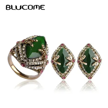 

Blucome Indian Jewelry Sets Luxury Costume Bijoux Bijuterias Wedding Resin Zirconia French Hooks Green Vintage Earrings Ring Set
