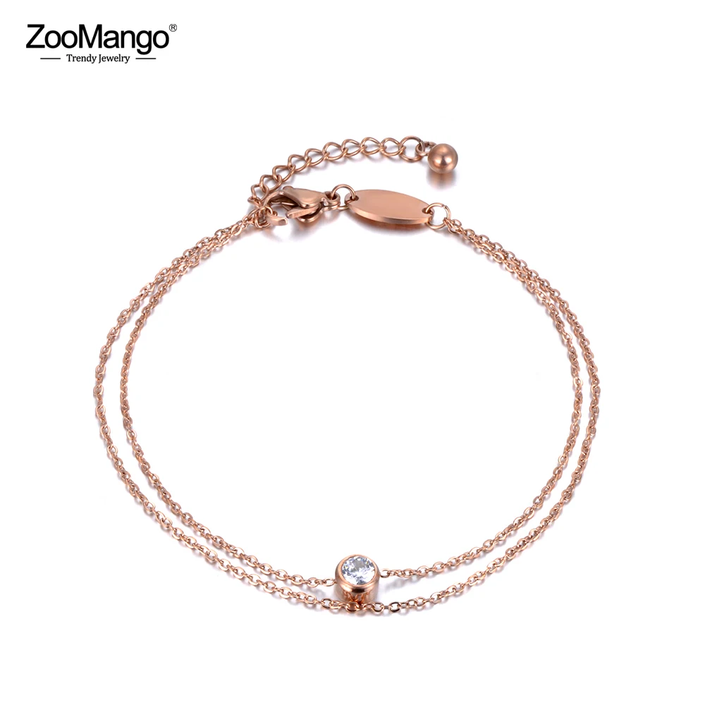 

ZooMango Stainless Steel 2 Layers Chain & Link Bracelets Rose Gold Jewelry CZ Crystal Charm Hand Bracelet Best Gift ZB18178