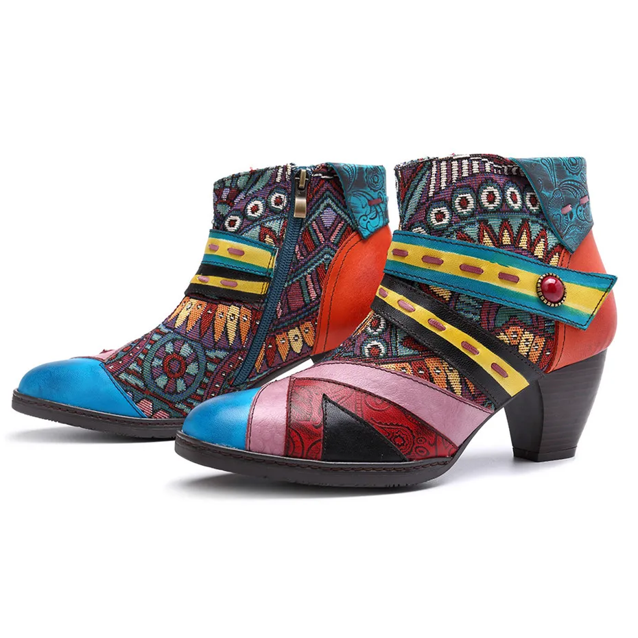 Plus Size Ethnic Women Ankle Boots Handmade Genuine Leather Female Short Boots Side Zipper Color Block Middle Heels Ladies Shoes (9)
