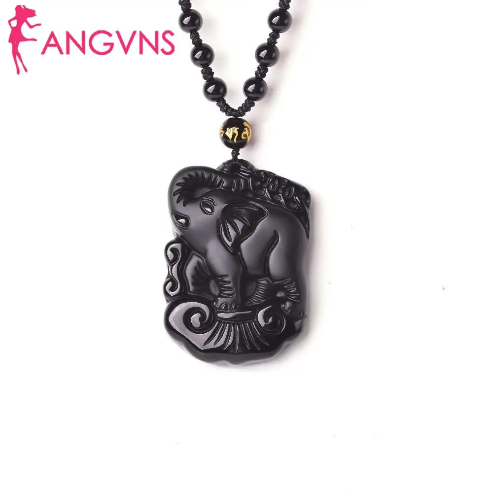 ANGVNS Necklace Elephant Natural Fashion Cute Lucky Jewelry Amulet Pendant Mother Obsidian Chinese Carved Black Handwork Fashion Jewelry