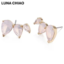 LUNA CHIAO позолоченные серьги-гвоздики в форме капель с цирконием для женщин, Опаловая розовая кристаллическая серьга