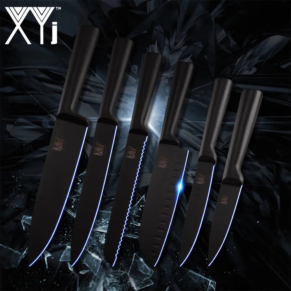 

XYj Kitchen Cooking Stainless Steel Knives 6PCS Set Full Tang Black Non-slip Handle Knife Fruit Meat Fish Cooking Tool Accessory