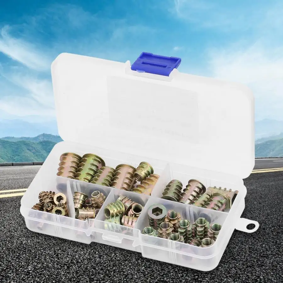 

50Pcs/Set Wood Insert Nut Zinc Alloy Furniture Nuts Hex Drive Head Nuts Assortment Kit with Box tornillo For Woodworking