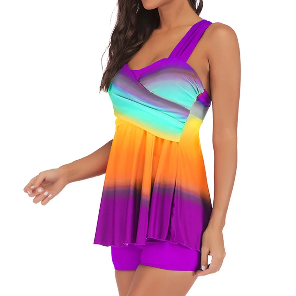  Women Plus Size Gradient Tankini Swimjupmsuit Swimsuit Beachwear Padded Swimwear Lady Swimsuit With Skirt New Hot J17# (8)