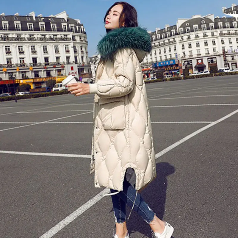 

Winter Real Raccoon Fur Collar Down Coat Women Harajuku Solid Color Long Down Jacket Women Big Pocket Slim Hooded Warm Jackets