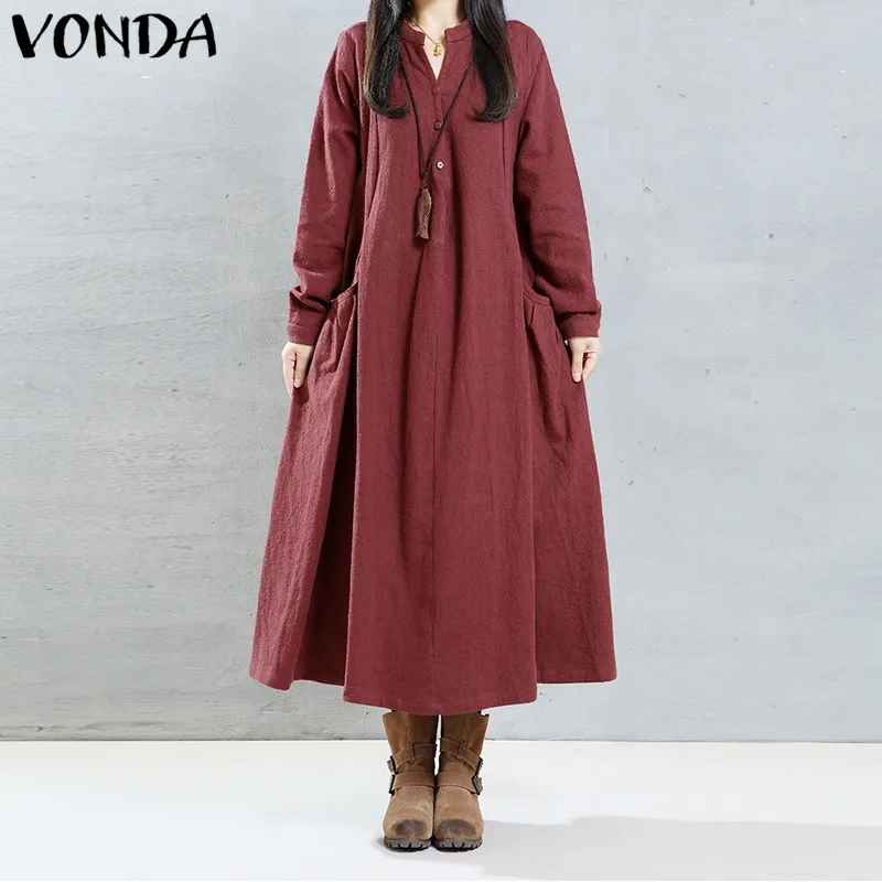 

VONDA Women Pregnancy Maxi Long Dress 2019 Casual Loose V Neck Long Sleeve Solid Vintage Dresses Pregnant Maternity Clothings
