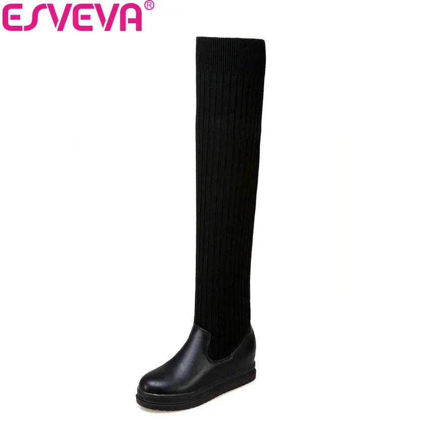 

ESVEVA 2018 Women Boots Comfortable Woolen Height Increasing Med Heel Over The Knee Boots Slim Look Round Toe Boots Size 34-43
